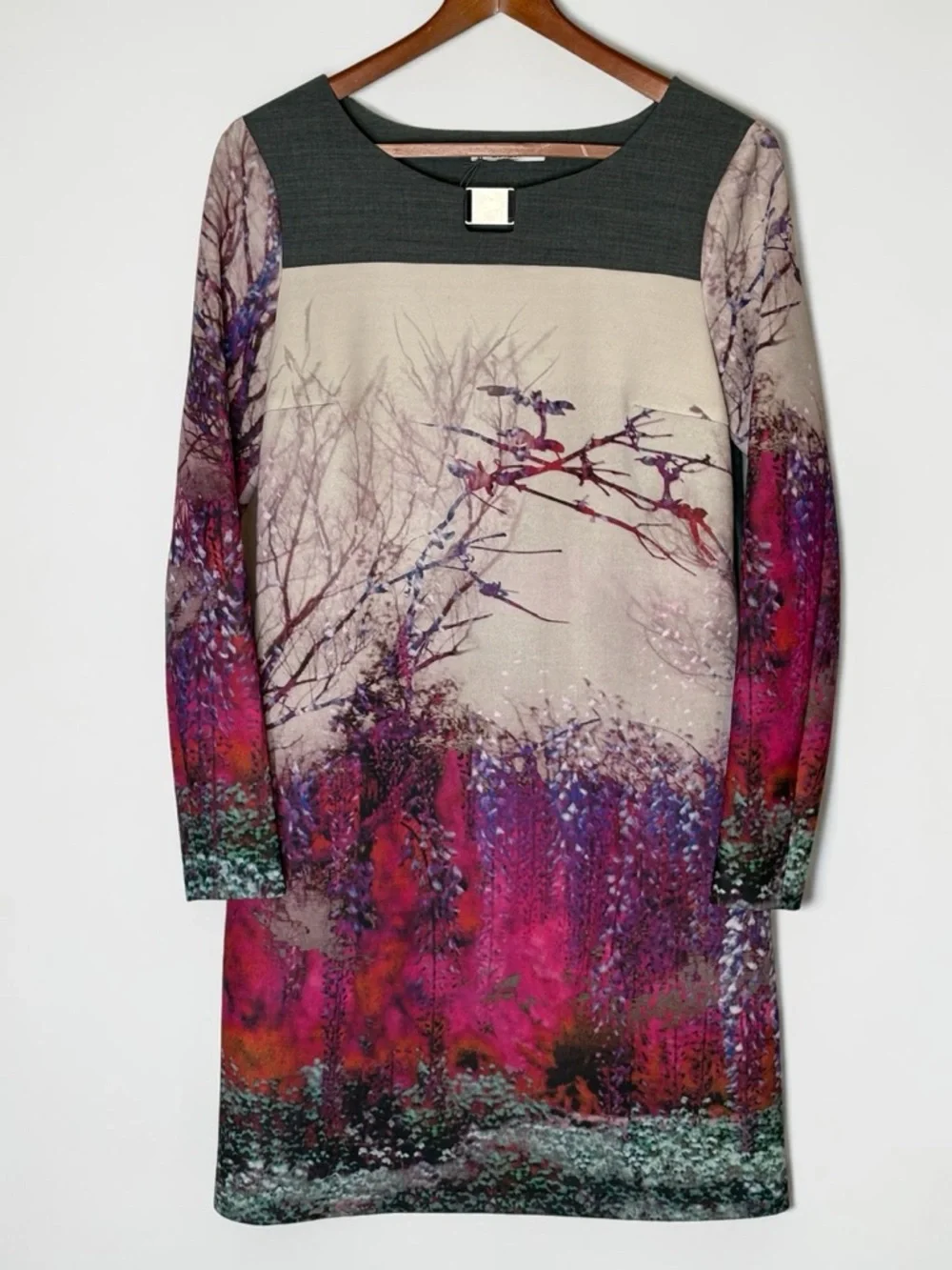 Sfizio Italy Digital Print Forest Front Shift Dress Gray Pink • US 8 - Picture 5 of 14